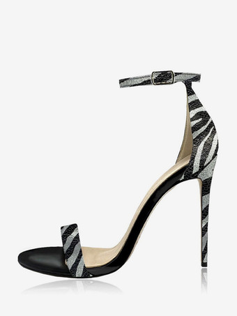 noir Sandales à talons pour femmes chaussures à bout ouvert avec bride à la cheville et motif zèbre