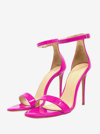 ローズレッドレディースヒールサンダル パープル オープントゥ アンクルストラップ パーティーシューズ