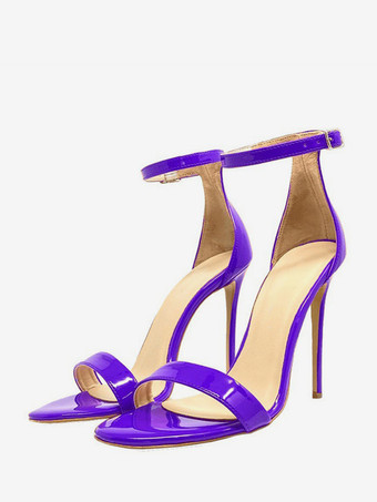 レディースヒールサンダル パープル オープントゥ アンクルストラップ パーティーシューズ