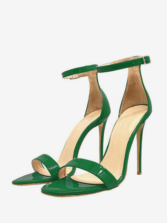 グリーン レディースヒールサンダル パープル オープントゥ アンクルストラップ パーティーシューズ