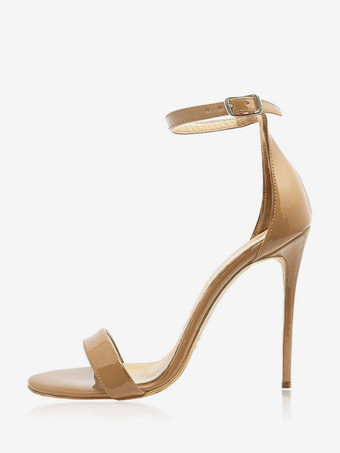 ライトブラウンレディースヒールサンダル パープル オープントゥ アンクルストラップ パーティーシューズ