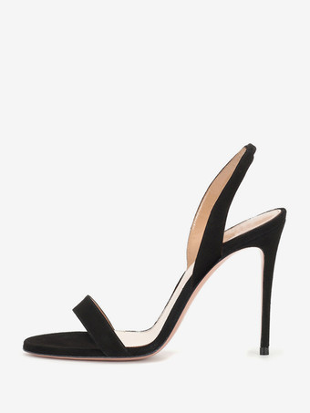 ブラック レディースヒールサンダル スエードオープントゥスティレットヒールサンダル