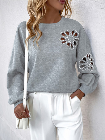 レディース プルオーバー グレー カットアウト 幾何学模様 ジュエルネック 長袖 レイヤード ポリエステル セーター