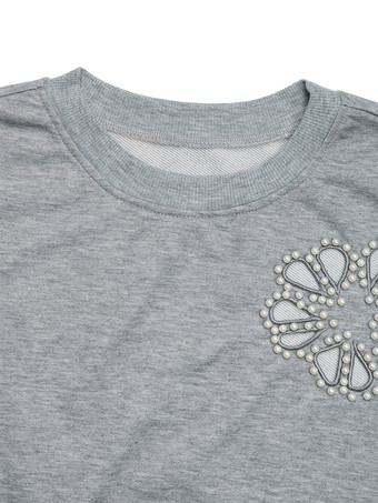 レディース プルオーバー グレー カットアウト 幾何学模様 ジュエルネック 長袖 レイヤード ポリエステル セーター