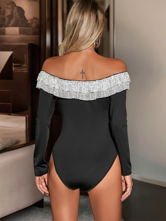 長袖ボディスーツ ブラック フリル バックレス レイヤード バトーネック シック ポリエステル レディース トップス