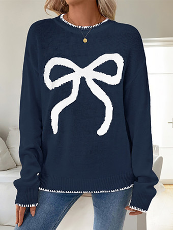 ネイビーブルーレディース プルオーバー セーター エクリュ ホワイト リボン 幾何学模様 ジュエルネック 長袖 レイヤード アクリル セーター
