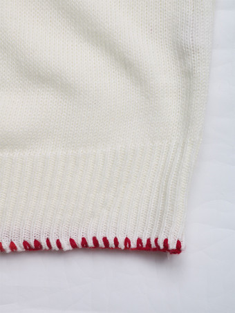 レディース プルオーバー セーター エクリュ ホワイト リボン 幾何学模様 ジュエルネック 長袖 レイヤード アクリル セーター