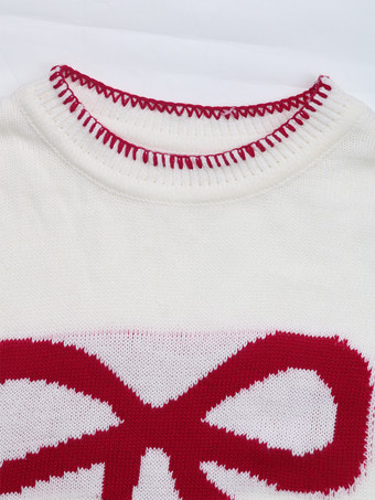 レディース プルオーバー セーター エクリュ ホワイト リボン 幾何学模様 ジュエルネック 長袖 レイヤード アクリル セーター