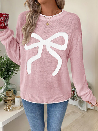 ピンクレディース プルオーバー セーター エクリュ ホワイト リボン 幾何学模様 ジュエルネック 長袖 レイヤード アクリル セーター