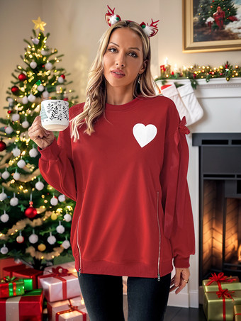 レッド レディース プルオーバー 赤いリボン クリスマス柄 ジュエルネック 長袖 レイヤード ポリエステル セーター