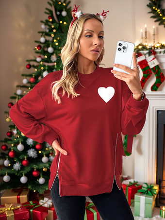 レディース プルオーバー 赤いリボン クリスマス柄 ジュエルネック 長袖 レイヤード ポリエステル セーター