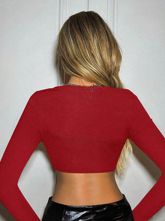 長袖Tシャツ レッド カットアウト ジュエルネック ポリエステル レディース Tシャツ