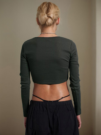 長袖Tシャツ ディープグレー ポリエステル チェーン カットアウト 装飾襟 Tシャツ レディース