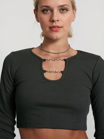 長袖Tシャツ ディープグレー ポリエステル チェーン カットアウト 装飾襟 Tシャツ レディース