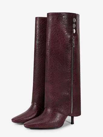 BurgunderrotBurgunderrote kniehohe Stiefel mit spitzer Spitze Reißverschlussdetail und hohem Absatz Umschlagstiefel