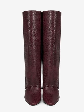 Burgunderrote kniehohe Stiefel mit spitzer Spitze Reißverschlussdetail und hohem Absatz Umschlagstiefel