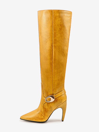 レディース ニーブーツ ハイヒール オレンジ ポインテッドトゥ バックルディテール 膝丈ブーツ