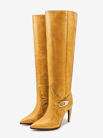 イエローレディース ニーブーツ ハイヒール オレンジ ポインテッドトゥ バックルディテール 膝丈ブーツ