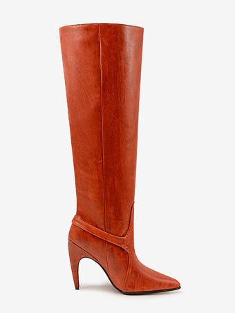 レディース ニーブーツ ハイヒール オレンジ ポインテッドトゥ バックルディテール 膝丈ブーツ