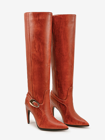 レディース ニーブーツ ハイヒール オレンジ ポインテッドトゥ バックルディテール 膝丈ブーツ