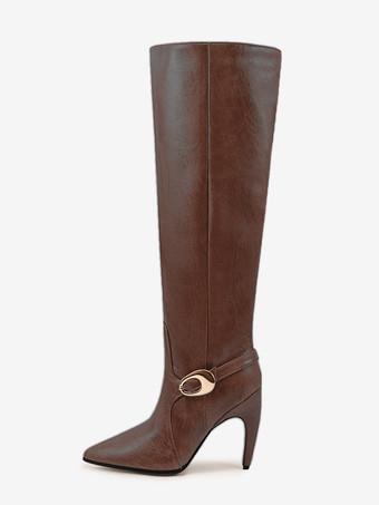 レディース ニーブーツ ハイヒール オレンジ ポインテッドトゥ バックルディテール 膝丈ブーツ