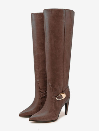 ブラウンレディース ニーブーツ ハイヒール オレンジ ポインテッドトゥ バックルディテール 膝丈ブーツ