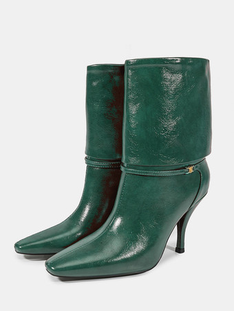 Dark GreenWomen Ankle Boots Brown Artwork Booties PU Leather Square Toe