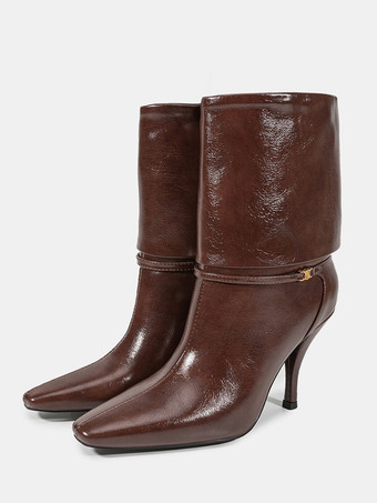 BrownWomen Ankle Boots Brown Artwork Booties PU Leather Square Toe