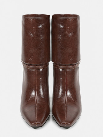 Women Ankle Boots Brown Artwork Booties PU Leather Square Toe