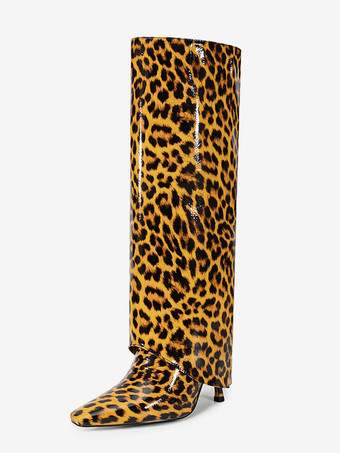 ハイヒールニーハイブーツ ヒョウ柄ポインテッドトゥフォールドオーバーブーツ