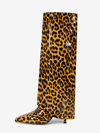 ハイヒールニーハイブーツ ヒョウ柄ポインテッドトゥフォールドオーバーブーツ
