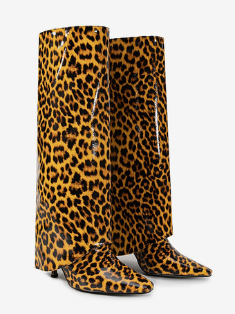 ハイヒールニーハイブーツ ヒョウ柄ポインテッドトゥフォールドオーバーブーツ