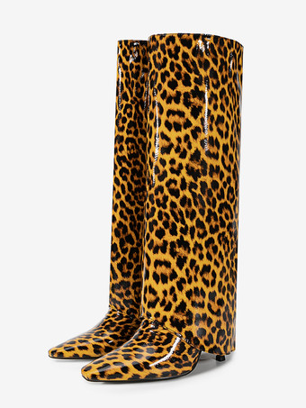 ヒョウ柄ハイヒールニーハイブーツ ヒョウ柄ポインテッドトゥフォールドオーバーブーツ