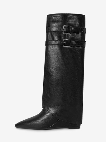 ブラック ウェッジ ニーハイブーツ レディース ポインテッドトゥ バックルディテール フォールドオーバーブーツ