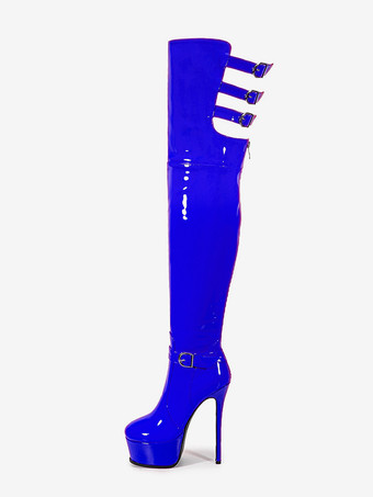 ブルー 女性用セクシーブーツ プラットフォーム 尖ったつま先 バックルディテール ハイヒール オーバーザニーブーツ