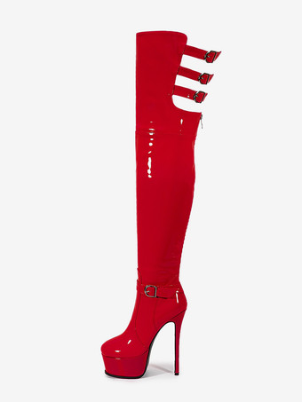 レッド 女性用セクシーブーツ プラットフォーム 尖ったつま先 バックルディテール ハイヒール オーバーザニーブーツ