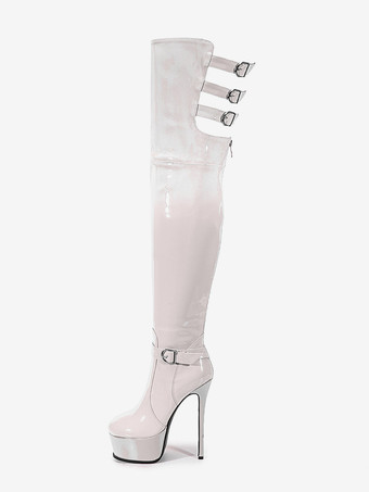 ホワイト 女性用セクシーブーツ プラットフォーム 尖ったつま先 バックルディテール ハイヒール オーバーザニーブーツ