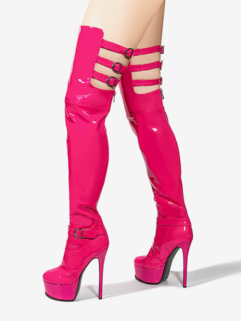 女性用セクシーブーツ プラットフォーム 尖ったつま先 バックルディテール ハイヒール オーバーザニーブーツ