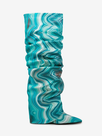 スラウチニーハイブーツ レディース アートワークフォールドオーバーウェッジニーレングスブーツ