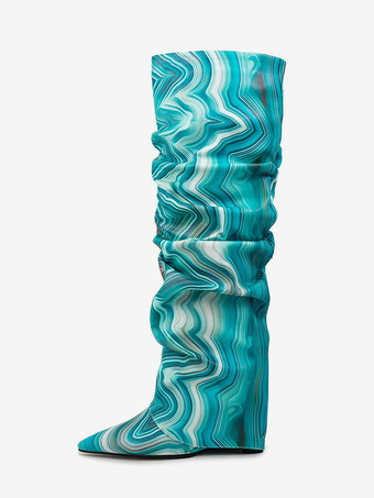 スラウチニーハイブーツ レディース アートワークフォールドオーバーウェッジニーレングスブーツ