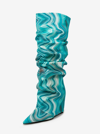 スラウチニーハイブーツ レディース アートワークフォールドオーバーウェッジニーレングスブーツ
