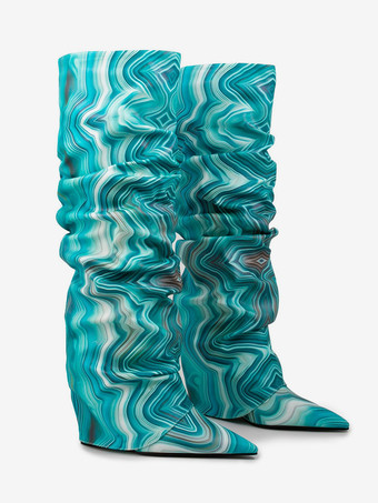 スラウチニーハイブーツ レディース アートワークフォールドオーバーウェッジニーレングスブーツ