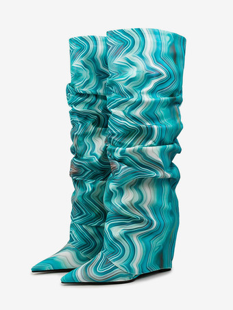 ティールスラウチニーハイブーツ レディース アートワークフォールドオーバーウェッジニーレングスブーツ