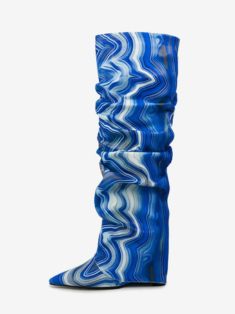 スラウチニーハイブーツ レディース アートワークフォールドオーバーウェッジニーレングスブーツ