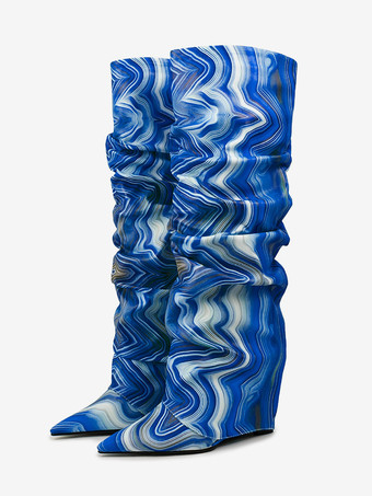 ブルー スラウチニーハイブーツ レディース アートワークフォールドオーバーウェッジニーレングスブーツ