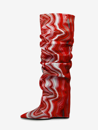 スラウチニーハイブーツ レディース アートワークフォールドオーバーウェッジニーレングスブーツ