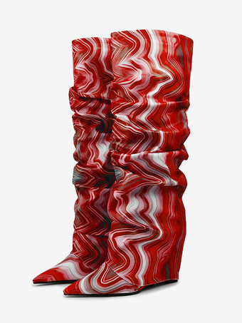 レッド スラウチニーハイブーツ レディース アートワークフォールドオーバーウェッジニーレングスブーツ