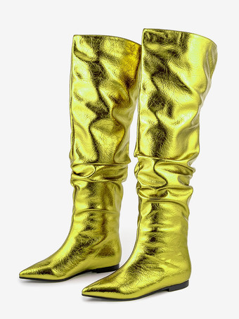 イエローシルバーニーハイブーツ メタリックポインテッドトゥ スラウチフラットブーツ