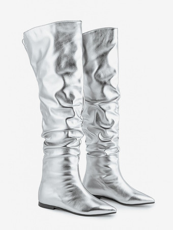 シルバーニーハイブーツ メタリックポインテッドトゥ スラウチフラットブーツ