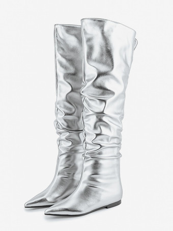 シルバー シルバーニーハイブーツ メタリックポインテッドトゥ スラウチフラットブーツ